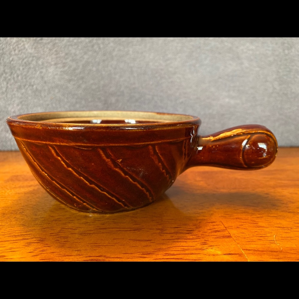 Vintage brown pottery French Onion soup bowl